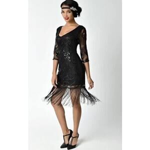Unique Vintage Long Sleeve Flapper Dress Sz M Silver and Black Sz L #38